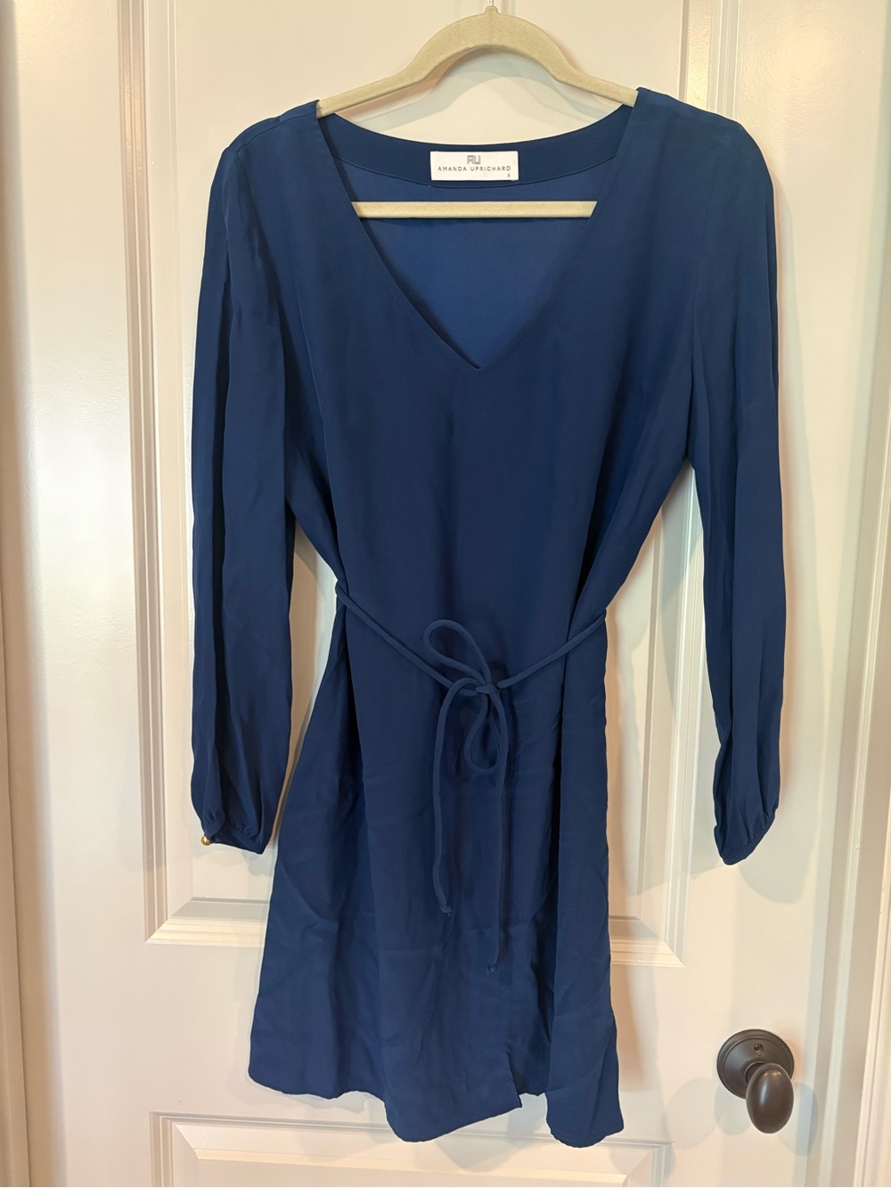 NWOT Sz S Amanda Uprichard Navy V-Neck Long Sleeve Tie-Waist Dress